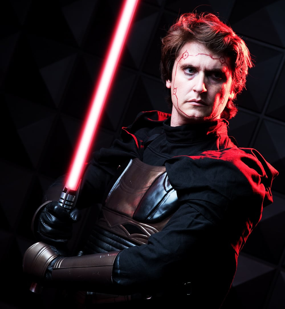 Austin in his Darth Revan cosplay, without the mask
