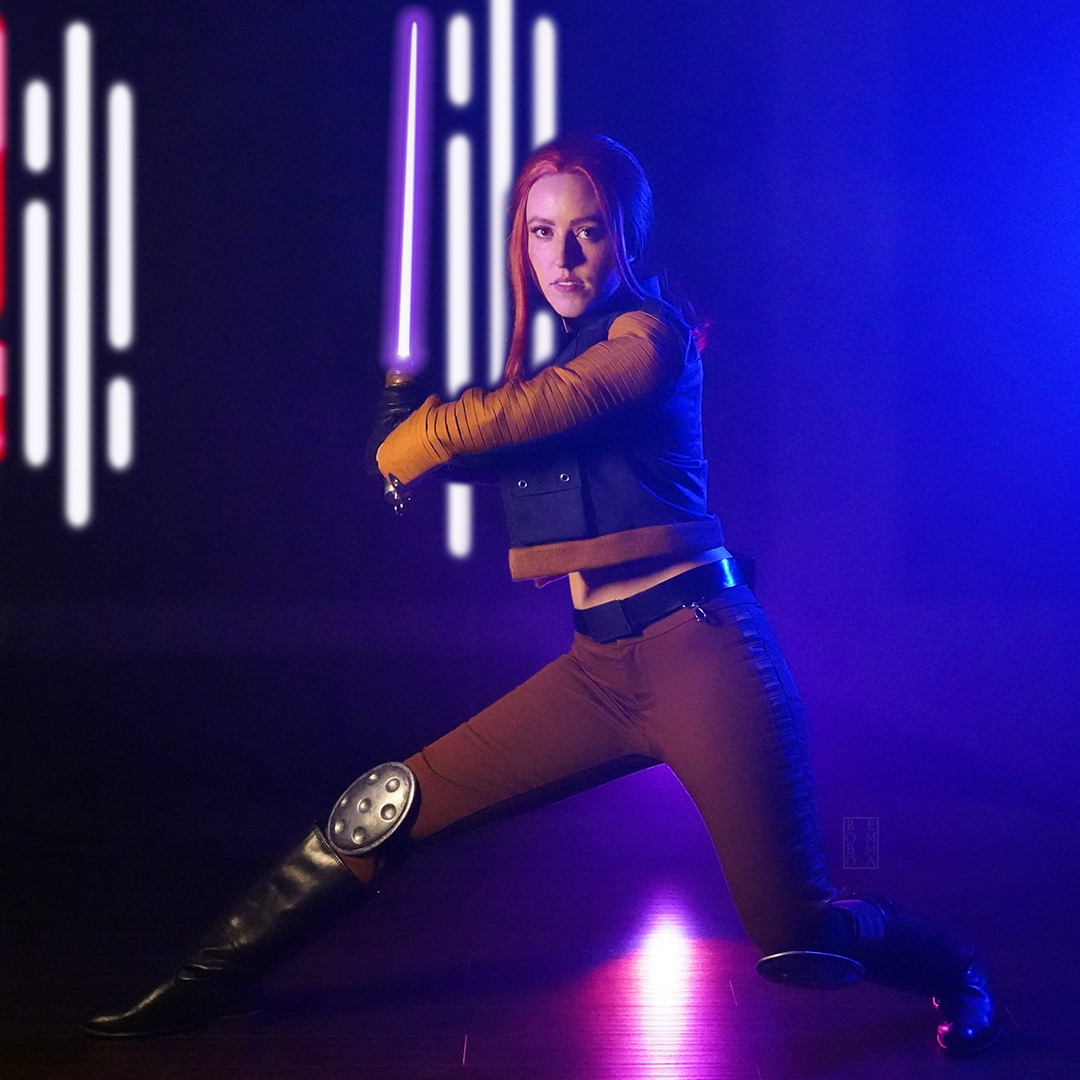 Emma in her Mara Jade costume with Imperial corridors in the background.
