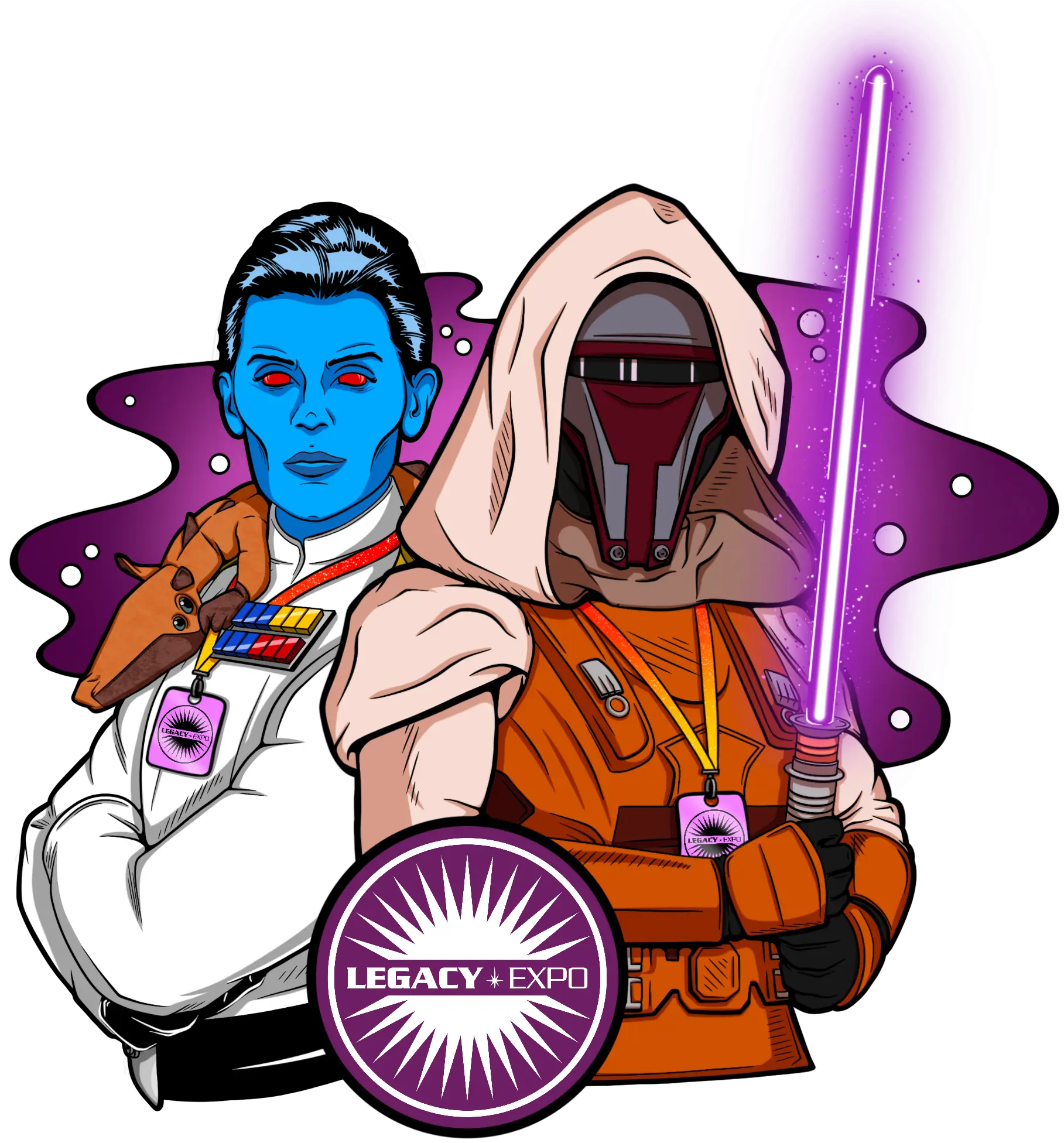 Event key art featuring cosplayers dressed as Grand Admiral Thrawn and Jedi Master Revan standing back to back behind the Legacy Expo logo. An ysalamir creature sits on Thrawn’s shoulder.
